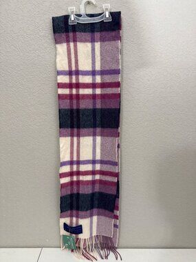 Plaid Wool Scarf Made In Ireland 100% Pure New Wool Purple Pink Beige With Fring